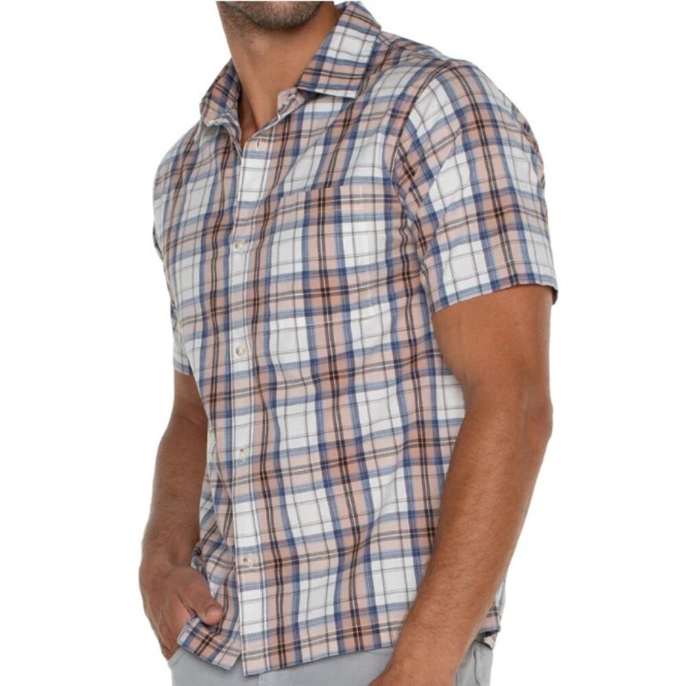 NWT Liverpool Short Sleeve Button Up Shirt Men's Peachy Plaid One Pocket Prep XL